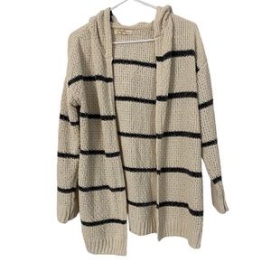 Rewind Cream w/ Navy Stripe Knit Open Hooded Cardigan SZ L